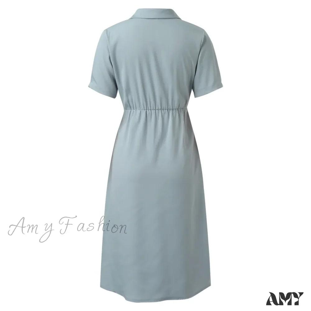 Elegant Solid Slim Korean Style Streetwear Midi Short Sleeve Lapel Casual Cozy Summer Fashion 2024