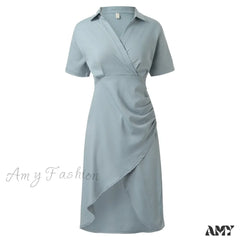 Elegant Solid Slim Korean Style Streetwear Midi Short Sleeve Lapel Casual Cozy Summer Fashion 2024