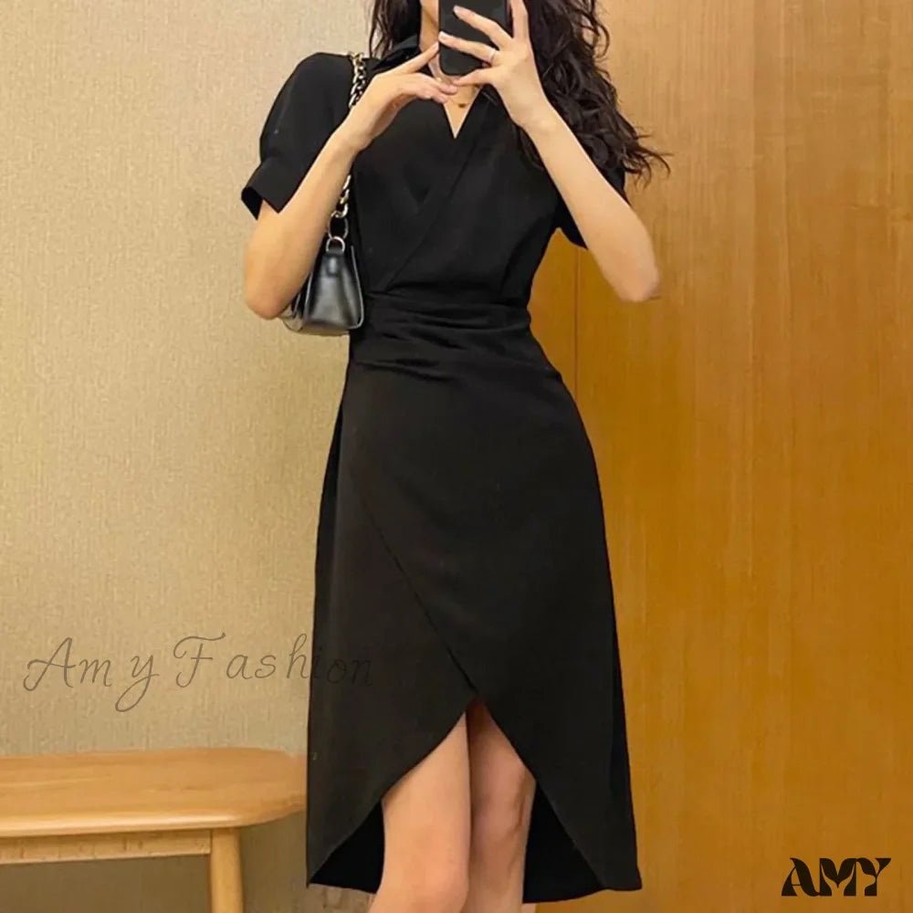Elegant Solid Slim Korean Style Streetwear Midi Short Sleeve Lapel Casual Cozy Summer Fashion 2024