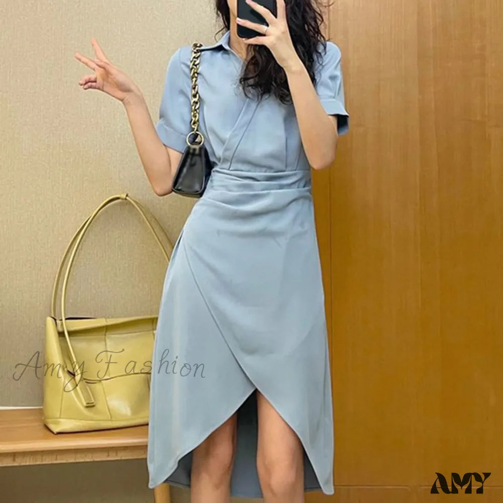 Elegant Solid Slim Korean Style Streetwear Midi Short Sleeve Lapel Casual Cozy Summer Fashion 2024