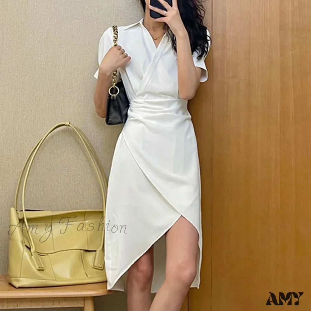 Elegant Solid Slim Korean Style Streetwear Midi Short Sleeve Lapel Casual Cozy Summer Fashion 2024