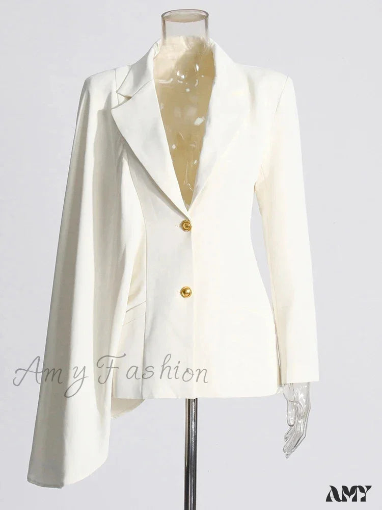 Elegant Temperament Irregular Sleeve Design Solid Color Lapel Small Suit New Style Blazer Beige / S