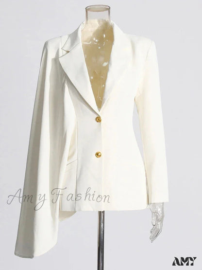 Elegant Temperament Irregular Sleeve Design Solid Color Lapel Small Suit New Style Blazer Beige / S