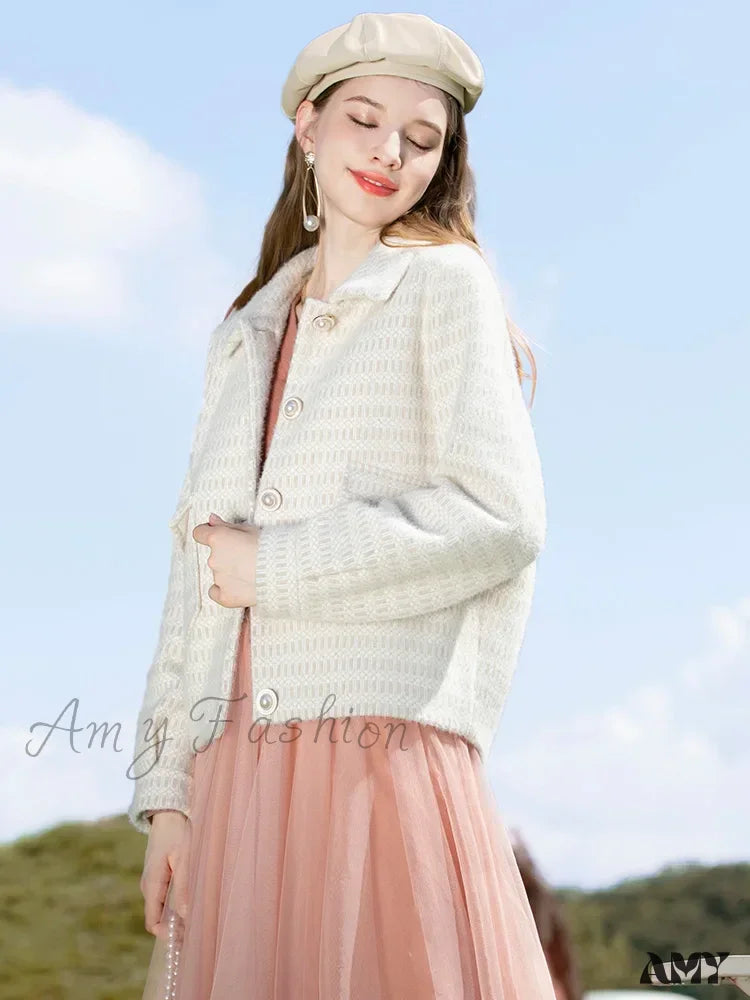 Elegant Turndown Collar Short Woolen Winter Warm Female Coat Apricot / M