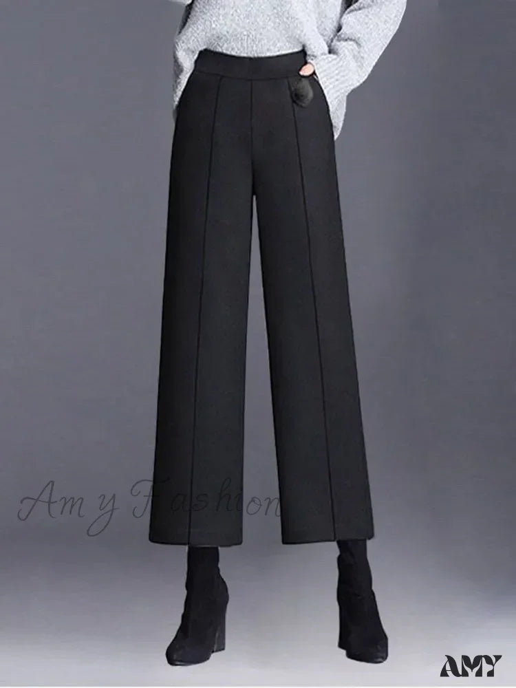 Elegant Woolen Blend Wide Leg High Waist Office Pants