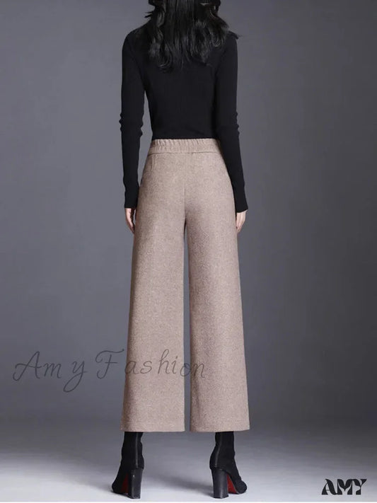 Elegant Woolen Blend Wide Leg High Waist Office Pants