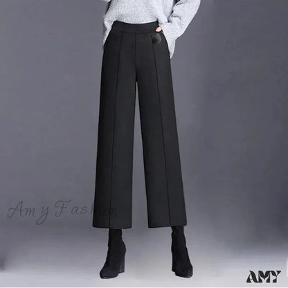 Elegant Woolen Blend Wide Leg High Waist Office Pants Black / M 40-45Kg