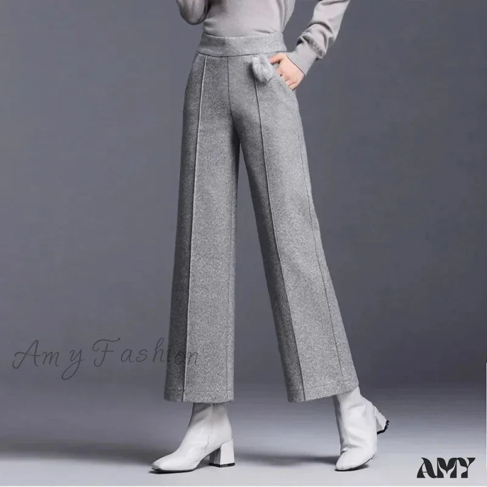 Elegant Woolen Blend Wide Leg High Waist Office Pants Grey / M 40-45Kg