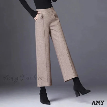 Elegant Woolen Blend Wide Leg High Waist Office Pants Khaki / M 40-45Kg