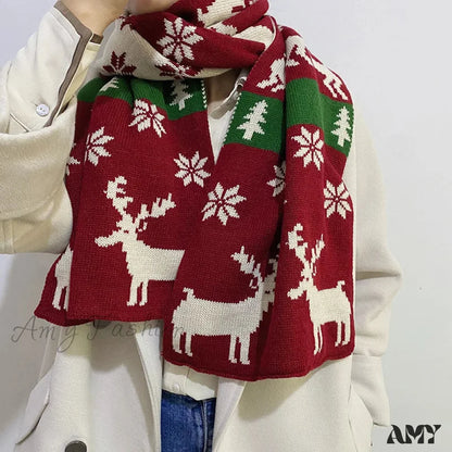 Elk Pattern Winter Knitting Couple Scarf - Christmas Gift Red 1 / 37-170Cm