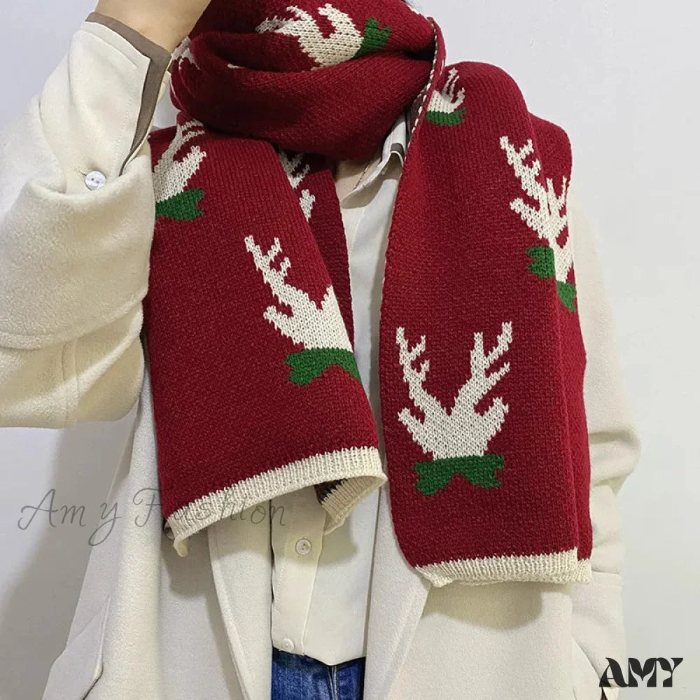 Elk Pattern Winter Knitting Couple Scarf - Christmas Gift Red 2 / 37-170Cm