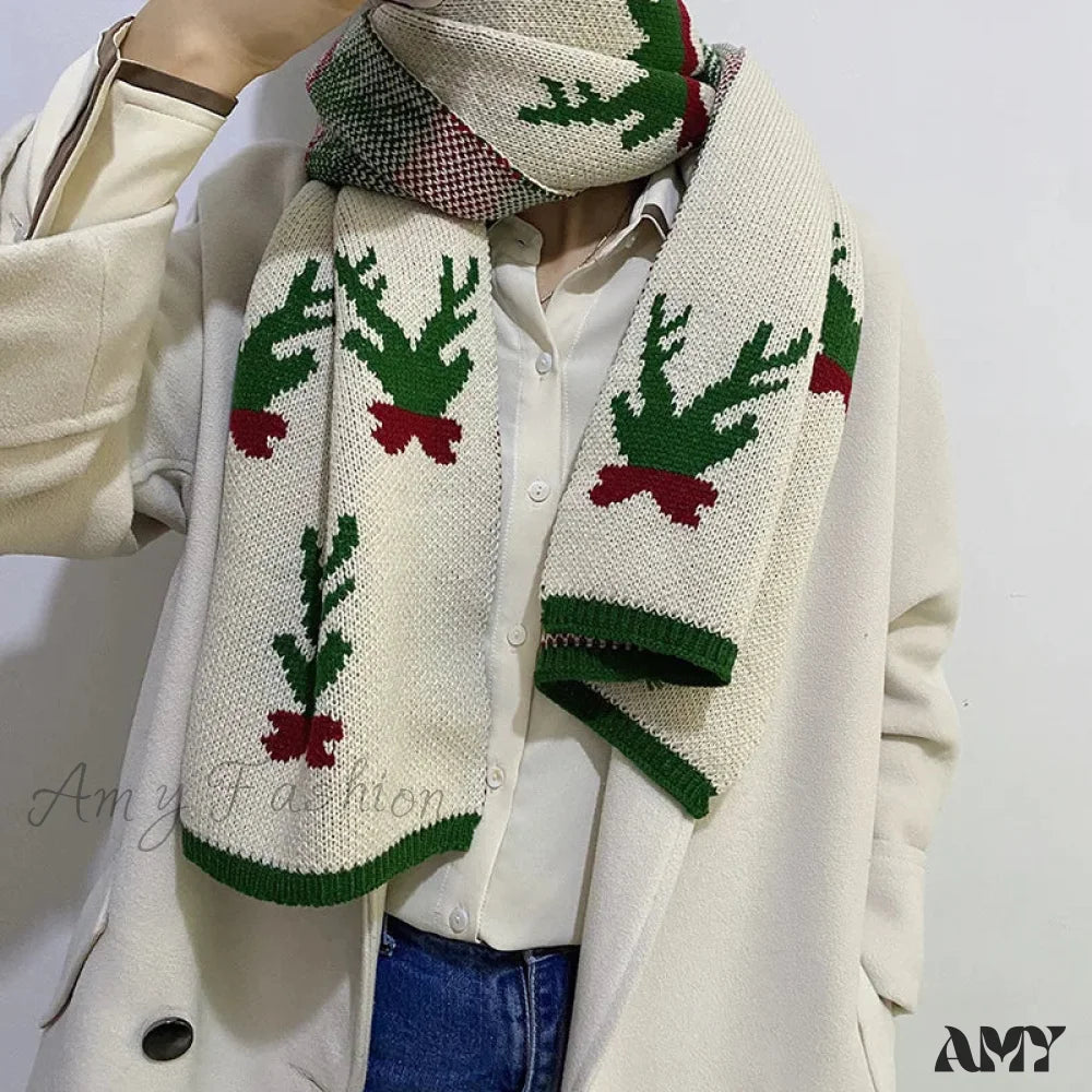 Elk Pattern Winter Knitting Couple Scarf - Christmas Gift White / 37-170Cm