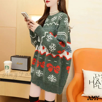 Elk Red Oversized Casual Fashion Christmas Sweater Green / M