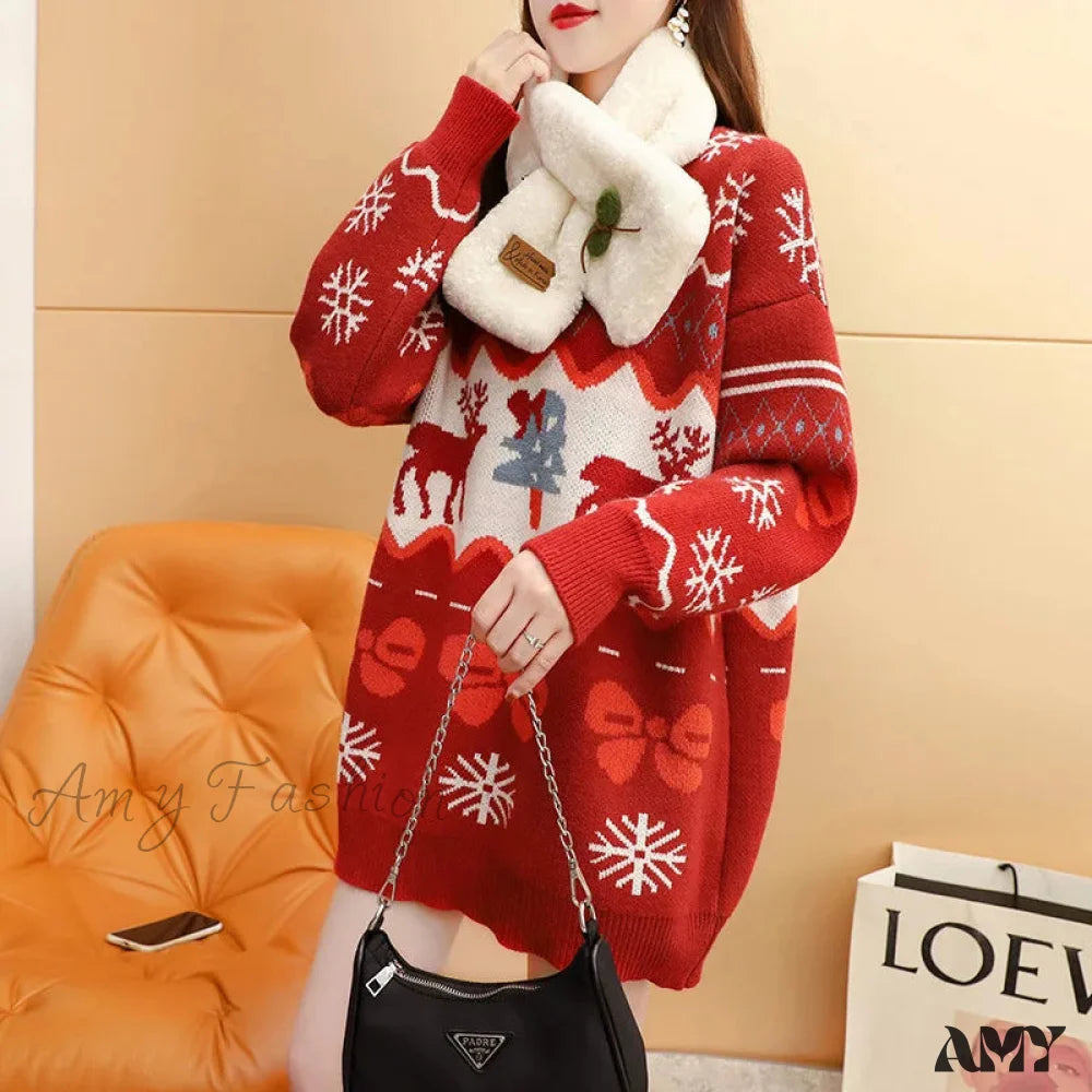 Elk Red Oversized Casual Fashion Christmas Sweater / M