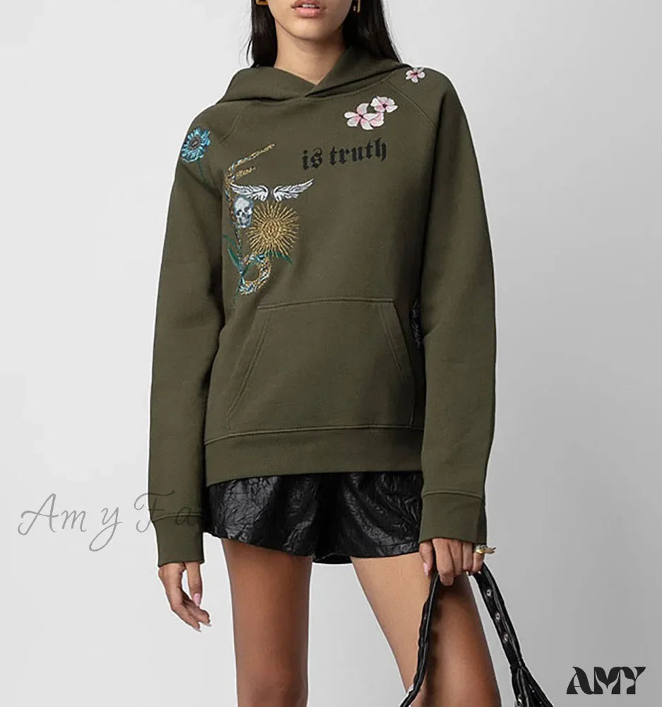 Embroidered Fleece Cozy Comfortable Trendy Soft Graphic Hoodies Army Green / S