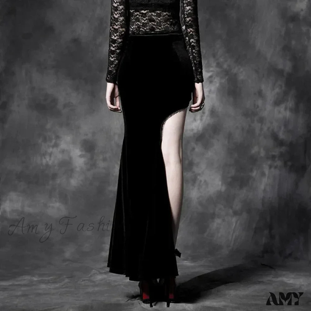 Embroidery Velvet Maxi Gothic Long Skirt Style Cheongsam Split Black Asymmetric Sexy