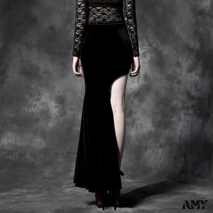 Embroidery Velvet Maxi Gothic Long Skirt Style Cheongsam Split Black Asymmetric Sexy