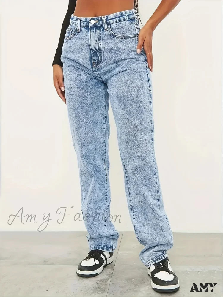 European American Simple Style Straight Loose Casual All-Match Denim Jean Light Blue / Xs