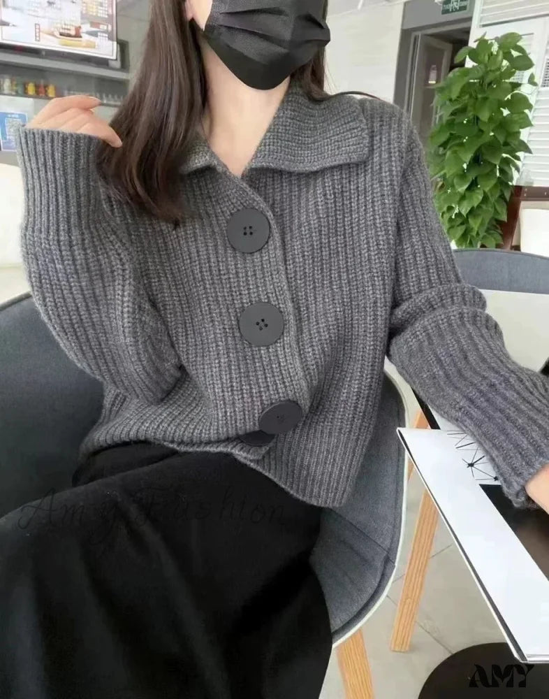 European Cashmere Polo Collar Long Sleeve Loose Wool Knit Sweater Grey / M