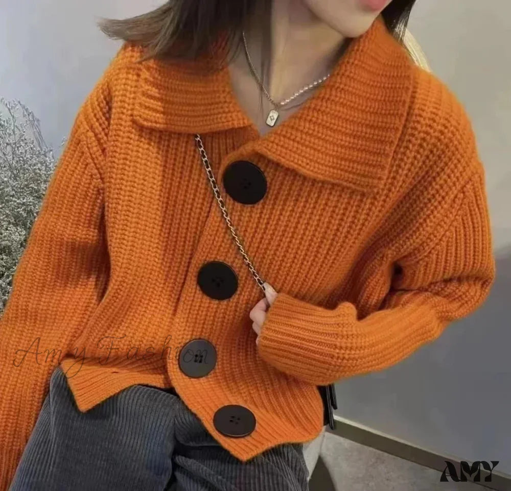 European Cashmere Polo Collar Long Sleeve Loose Wool Knit Sweater Orange / M