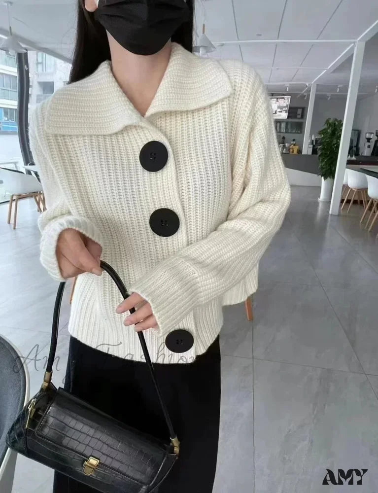 European Cashmere Polo Collar Long Sleeve Loose Wool Knit Sweater White / M