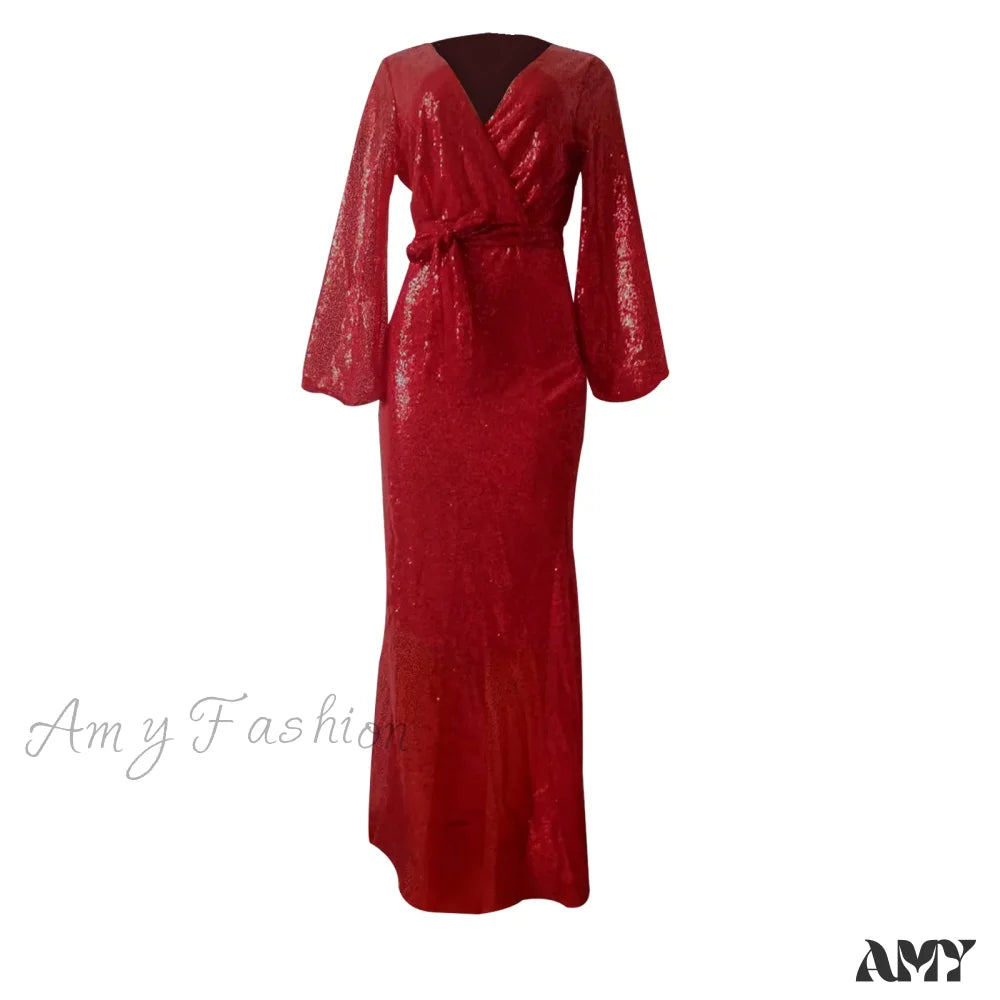Exquisite Mesh Sequined High-Split Wedding Party Evening Gown Dress