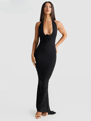 Halter Ribbon V-neck Maxi Floral Dress