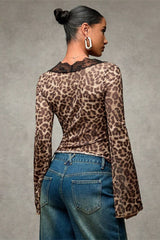 Leopard Print Lace-Paneled Sexy Blouse