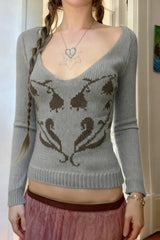 Retro Heart Floral Slouchy V-Neck Sweater