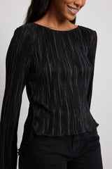 Pleated Slim Flared-Sleeve Back-Tie Blouse