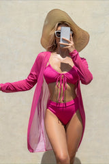 Solid Strap Bow Three Piece Swim Set