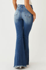 Slim Stretch Mid Waist Distressed Fringe Vintage Flare Jeans