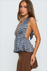 Zebra Print Backless Halter Tie-Waist Blouse