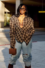 Plaid Collared Asymmetrical Loose Blouse