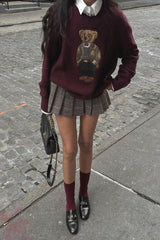 Retro Bear Embroidered Slim Knit Sweater