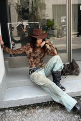 Leopard Print Flocked Slim Long-Sleeve Blouse