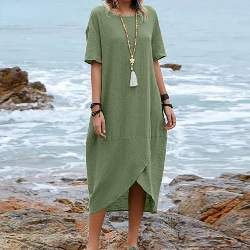Amy Fashion - Half Sleeve O Neck Solid Midi Dress