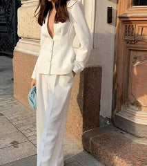 Deep V-Neck Blazer Pants Set Coat