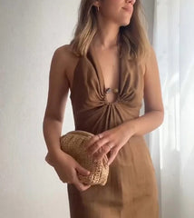 Tulle Buckle Backless Slim Midi Dress