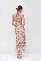 Luxury Halter Lace Trim Irregular Mermaid Long Floral Dress