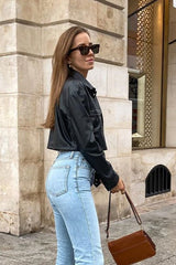 White Crop Leather Long-Sleeve Jacket