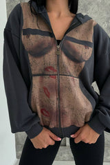Bad Girl Style Nude Print Zipped Hoodie