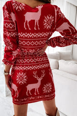 Christmas Print Long Sleeve Tie Waist Casual Mini Dress