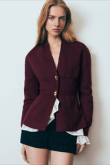 V Neck Long Sleeve Metal Button Split Hem Cardigan