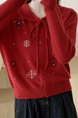 Beaded Snowflake Tie Collar Christmas Cardigan