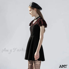 Falbala Short Sleeves A-Line Rivets Ruffle V-Neck Sexy Plaid Splicing Gothic Dress