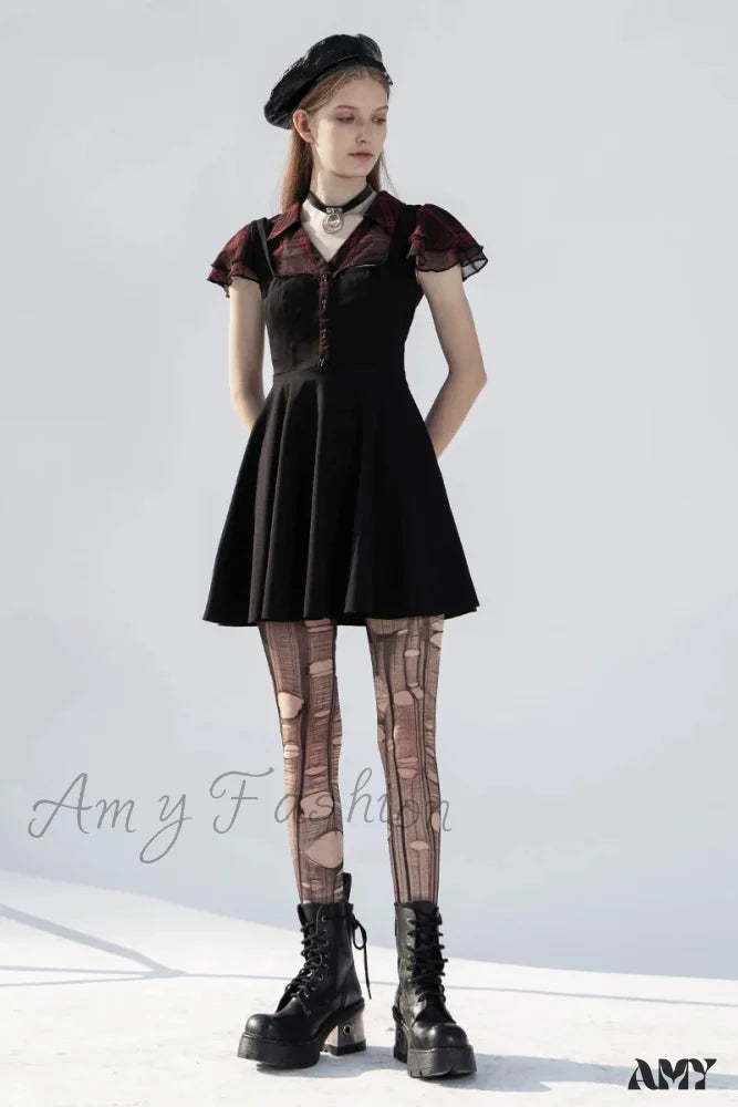 Falbala Short Sleeves A-Line Rivets Ruffle V-Neck Sexy Plaid Splicing Gothic Dress