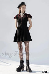 Falbala Short Sleeves A-Line Rivets Ruffle V-Neck Sexy Plaid Splicing Gothic Dress