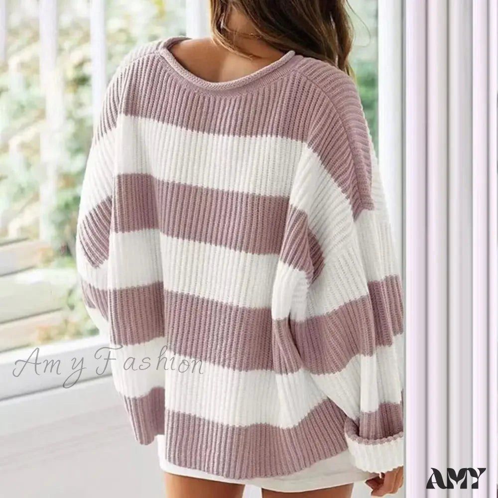 Fall Winter Colorblock Knitted Thick Loose Warm Elastic Cozy Sweater