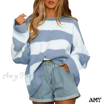 Fall Winter Colorblock Knitted Thick Loose Warm Elastic Cozy Sweater Blue / S